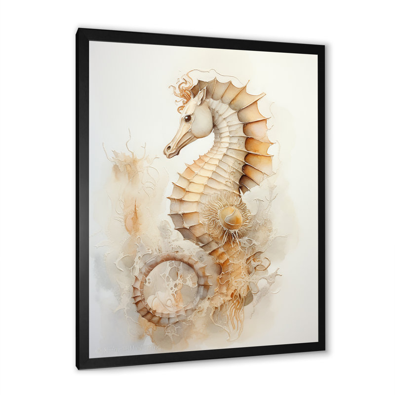 Hippocampe magique beige II sur toile, H 44 po x l 34 po x P 1,5 po, Cadre simple noir