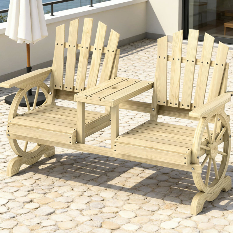 Banc de patio à 2 places avec pieds en forme de roue de chariot, table haute et parasol, bois de sapin, couleur bois naturel, l 60,6 po x P 25,6 po H 40,2 po, conception à lattes pour garder au sec