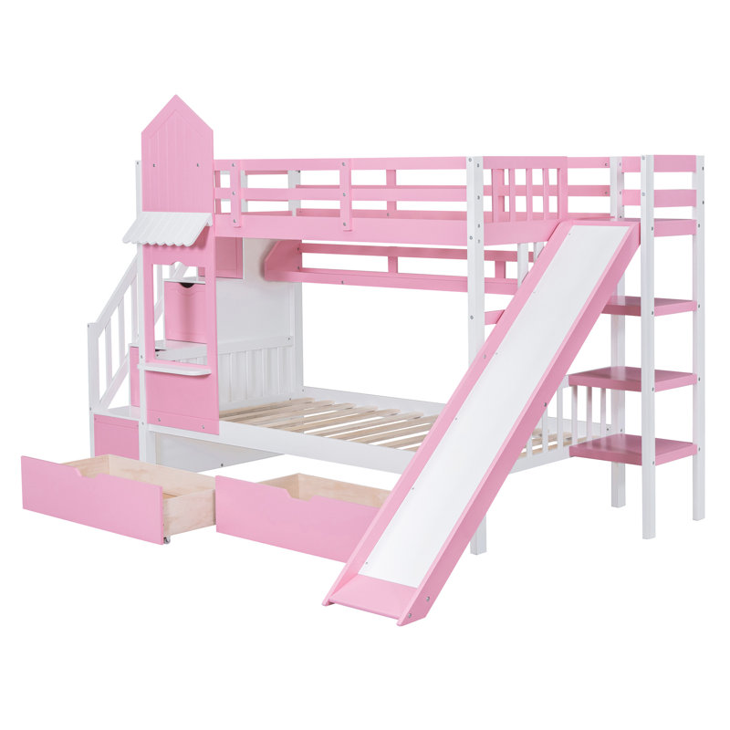 Lit superposé Twintwin en rose, 2 tiroirs, 3 tablettes, glissade, conception unique, crée un espace confortable et ludique pour une chambre d'une capacité de poids de 250 lb,