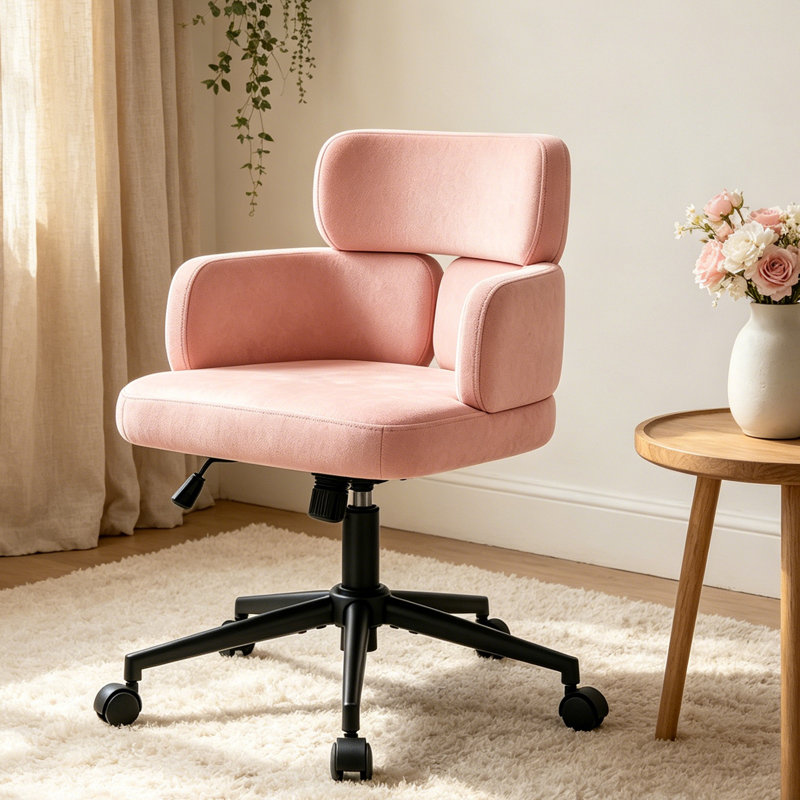 Upholstered Swivel & Adjustable Height Office Chair, Clover-shaped Desk Chair with Armrest, Pink