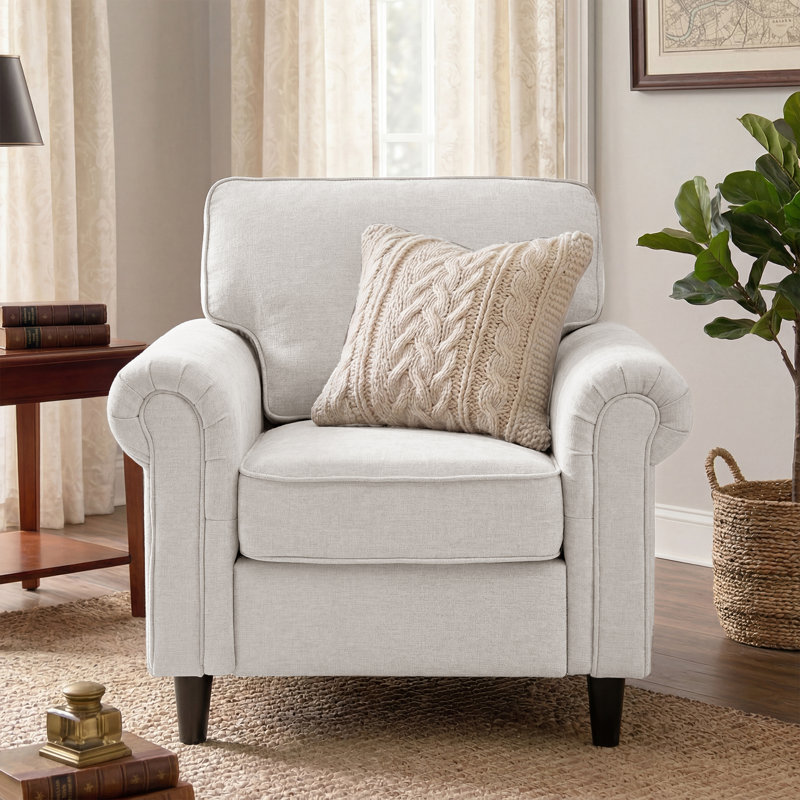 Luelle Upholstered Accent Chair Modern Fabric Rolled Armchair, Beige Chenille