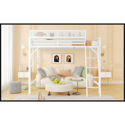 Lit mezzanine double en métal avec tablettes de rangement et échelle, idéal pour les enfants et les adolescents, maximise l'espace et la sécurité
