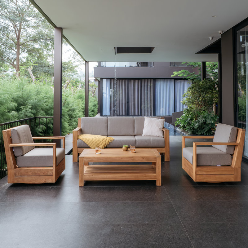 Bogota 5-Person Teak Outdoor Patio Swivel Conversation Set With Sunbrella® Cushions, 4 Pcs: 2 Swivel Chairs, Sofa, Table