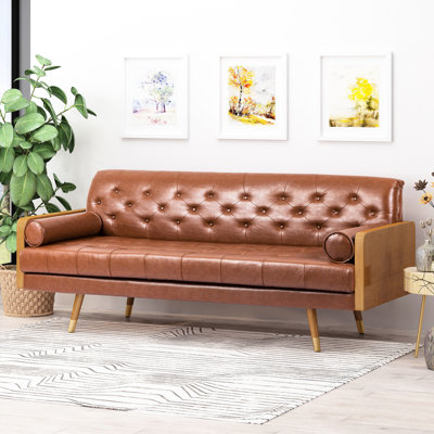 Meuble Mid-Century moderne brun, l 73,42 po x P 30,5 po, H 32,78 po, revêtement en polyuréthane, coussins décoratifs roulés, siège gaufré avec style, tissu, surpiqûres en losange