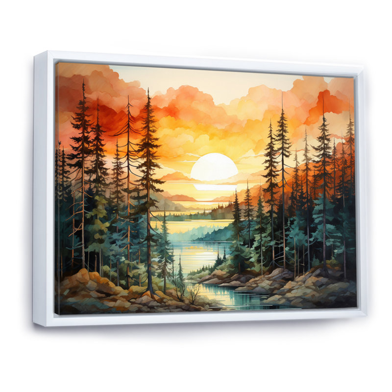 Pin, coucher de soleil brillant II - Pin, art mural, Cadre flottant blanc, H 34 po x l 44 po x P 1,5 po