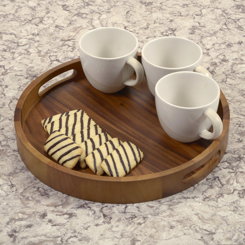 Acacia Wood 15 Inch Round Serving Tray with Handles