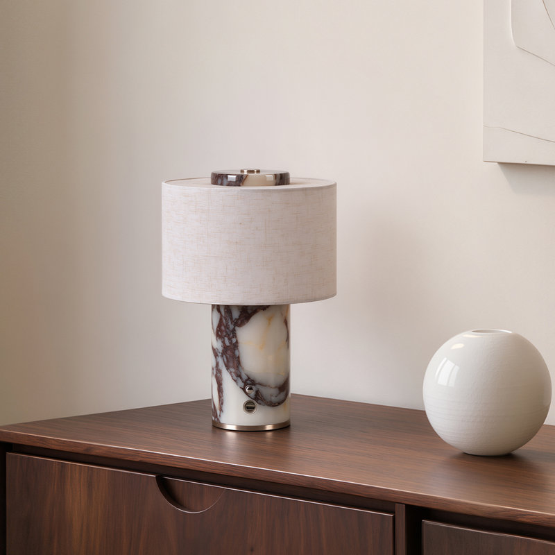 Lampe de table en marbre sans cordon Vena - marbre naturel, abat-jour en lin