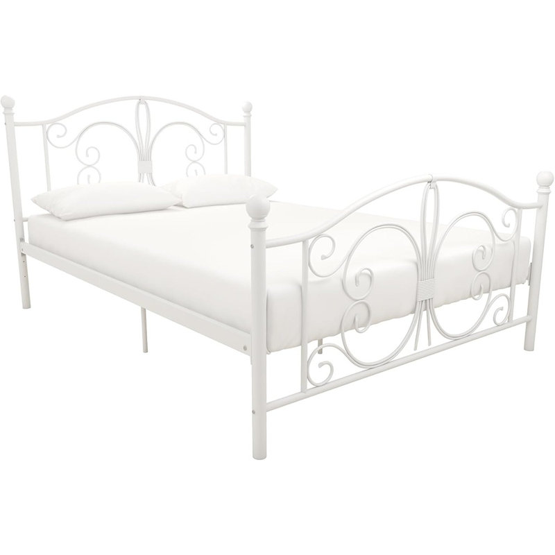 Lit plateforme en métal avec tête et pied de lit de style parisien, hauteur de base réglable pour le rangement sous le lit, aucun sommier nécessaire, lit double, blanc