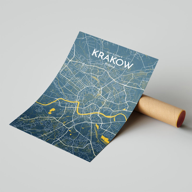 «Krakow City Map», impression de luxe, Bleu / jaune, H 17 po x l 11 po