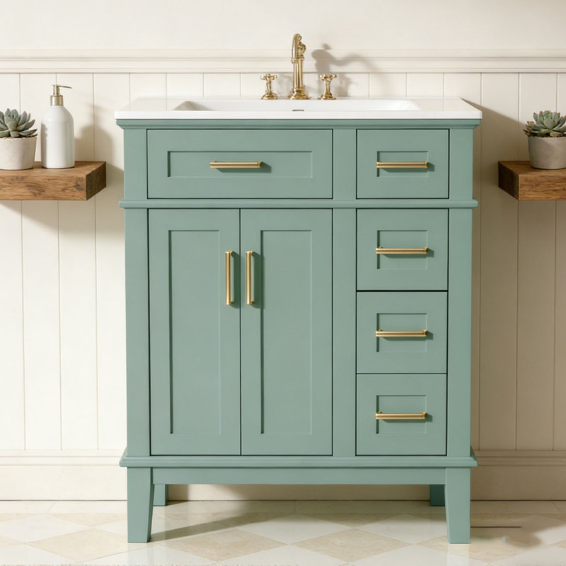 Meuble-lavabo moderne avec lavabo en céramique, 30 po + vert clair