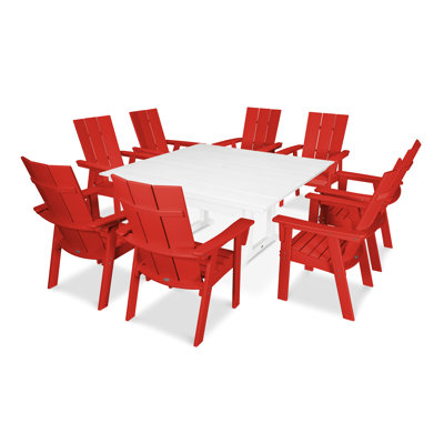 POLYWOOD Modern Curveback Adirondack 9-Piece Farmhouse Trestle Dining Set