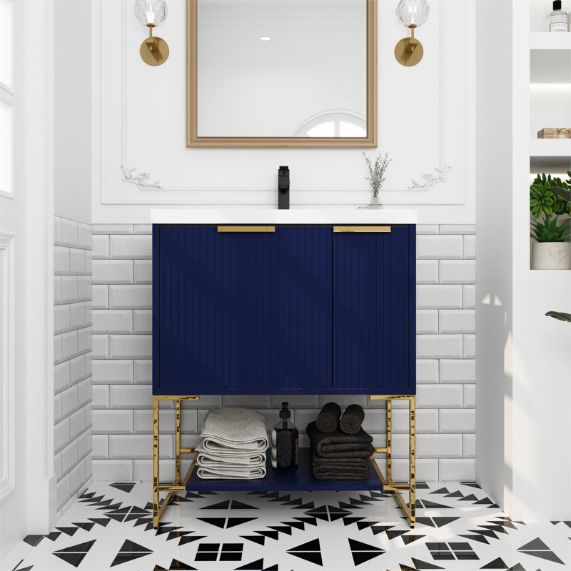Millur 30'' Single Bathroom Vanity with Resin  Basin Top,2 Soft Close Doors and Open Shelf, Blue, Gold