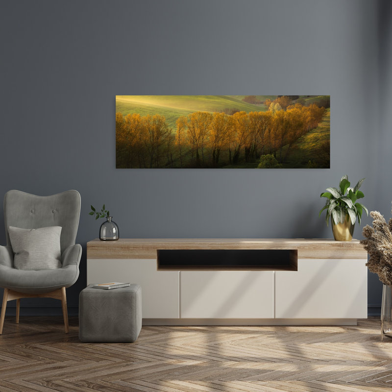 «Golden Trees and Rolling Hills Peaceful Serene Tranquil Autumn Landscape», art mural, H 16 po x l 48 po