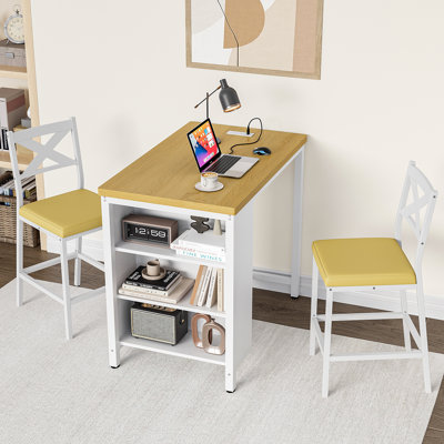 Ensemble de petite salle à manger 3 pièces de style transitionnel avec tablettes de rangement réglables, ensemble de table de salle à manger à hauteur de comptoir de l 35 po avec 2 chaises rembourrées en polyuréthane pour petit espace, coin-repas, salon et salle d'étude