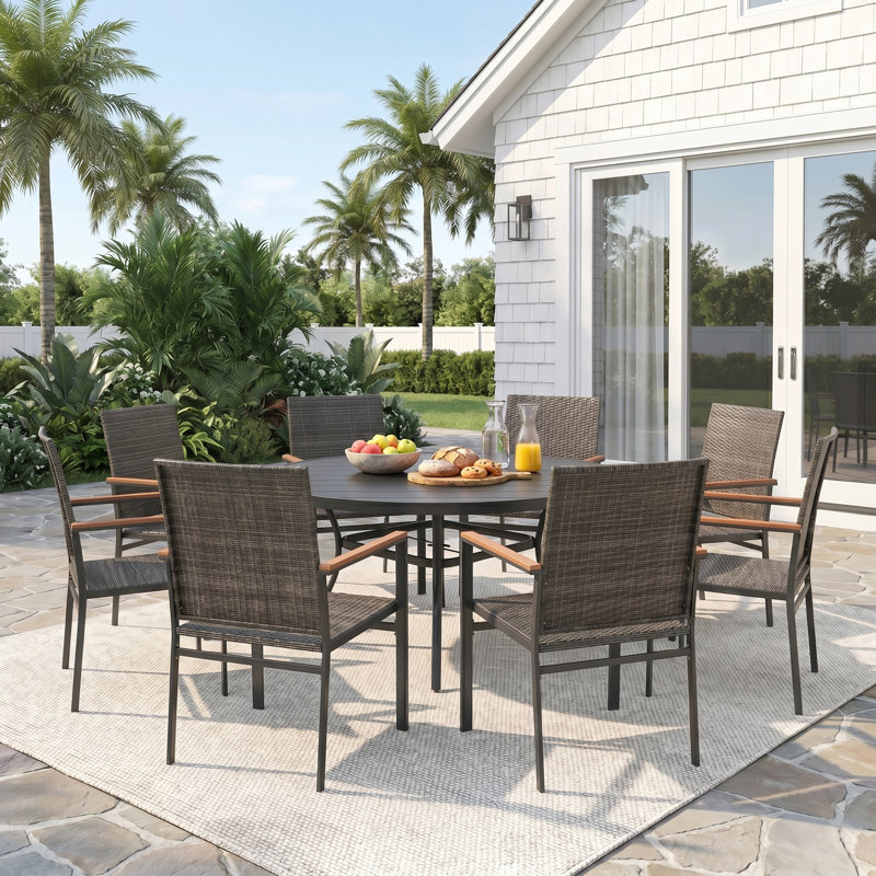 Brecksville 8 Person Round Patio Dining Set With PE Wicker Chairs, Black