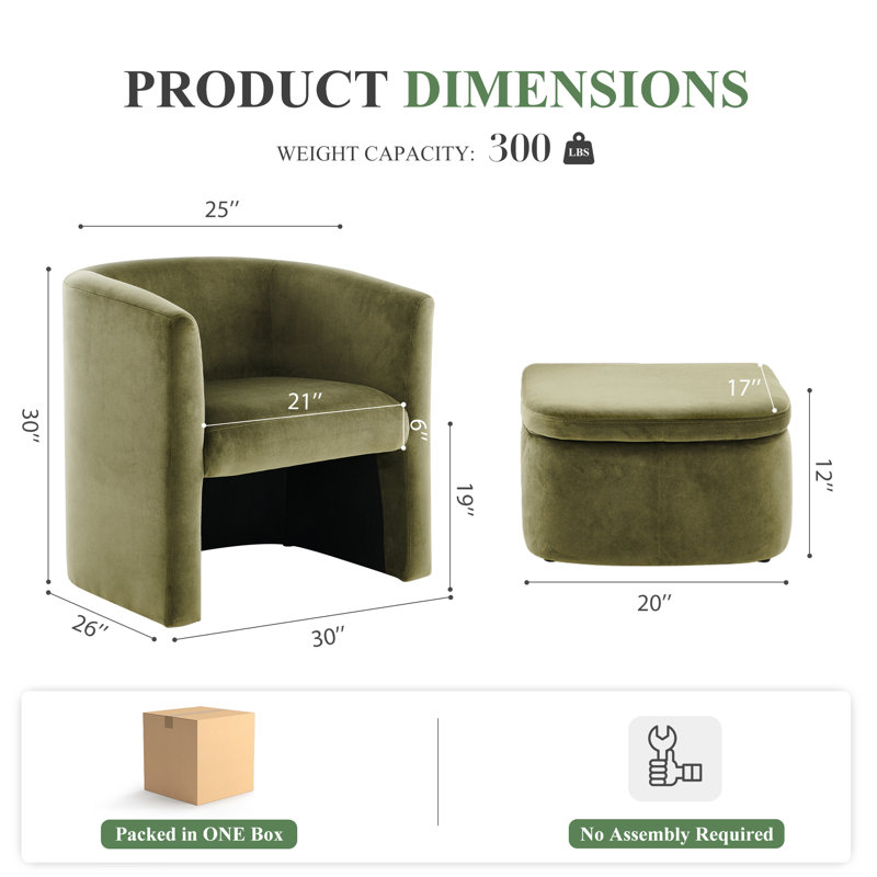 Kyah Upholstered Barrel Chair with Ottoman, Green Velvet
