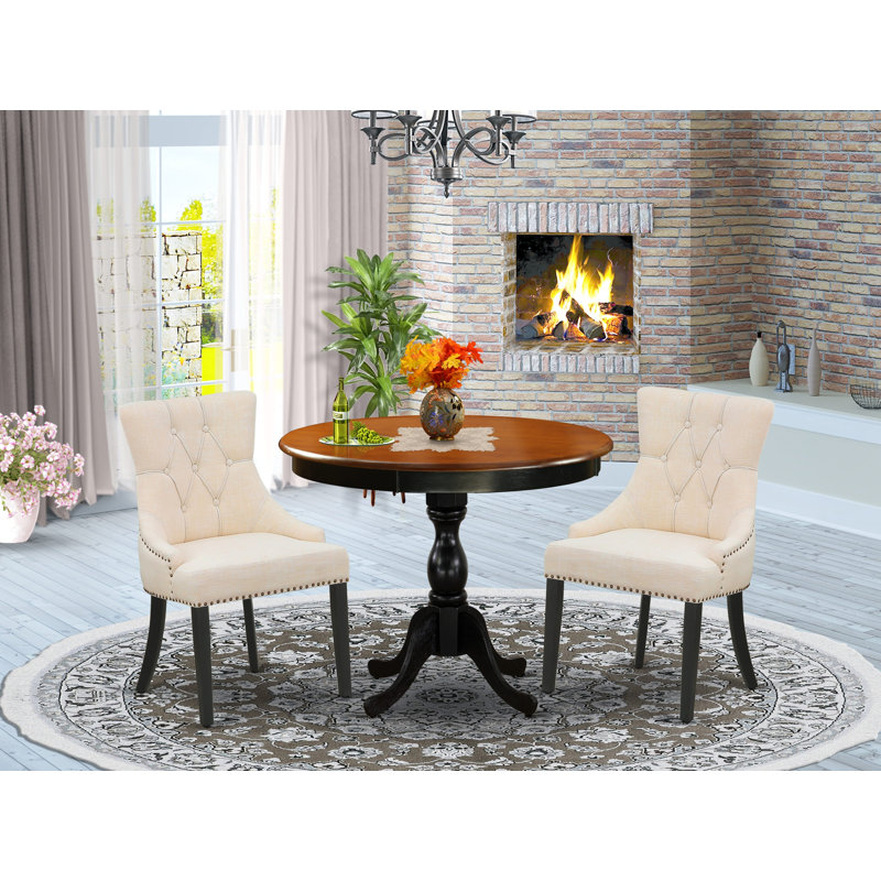 3-Pc Dining Table Set Consists of a Kitchen Table and 2 Light Beige Linen Fabric Upholstered Chairs with Button Tufted Back - Black Finish