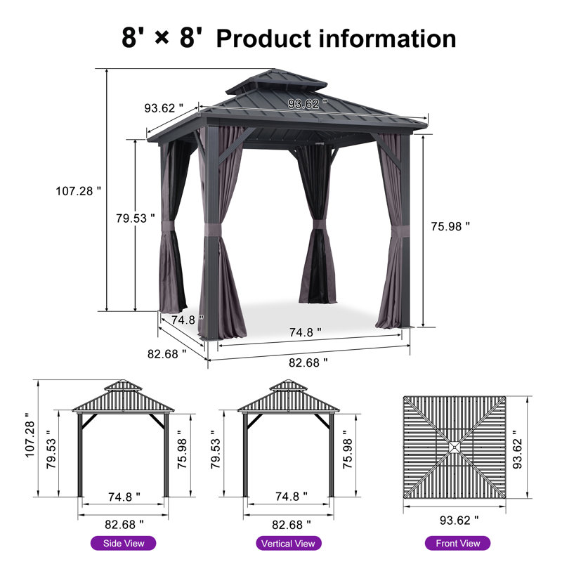 Pavillon de jardin d'extérieur en aluminium mauve avec toit double en acier galvanisé robuste pour terrasse de patio, filet et rideaux inclus, gris