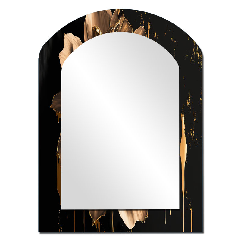 Noir et doré Dahlia - miroir arqué Dahlia, miroir mural noir asymétrique unique, impression sur métal, 34 po x 25 po