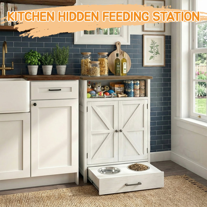 Station d'alimentation pour chien avec armoire et 3 crochets latéraux, Brun et blanc