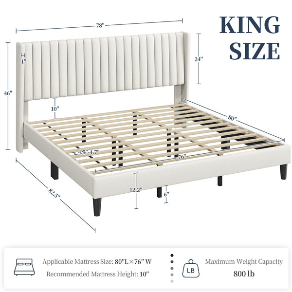 Upholstered Bed Frame with Wing Side, Beige, King