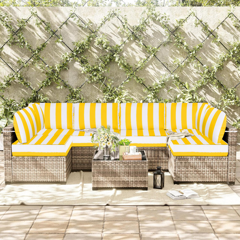 14 Piece Outdoor Sectional Cushions, 4"water-resistant Outdoor Sofa Cushions Replacement, Yellow/White Striped