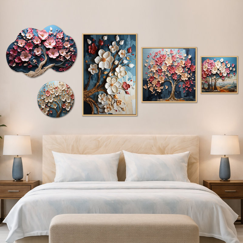Arbre de pétales dynamique blanc et rose IV - grand ensemble d'art mural floral, toile et métal de 5 pièces (100 po x 40 po)