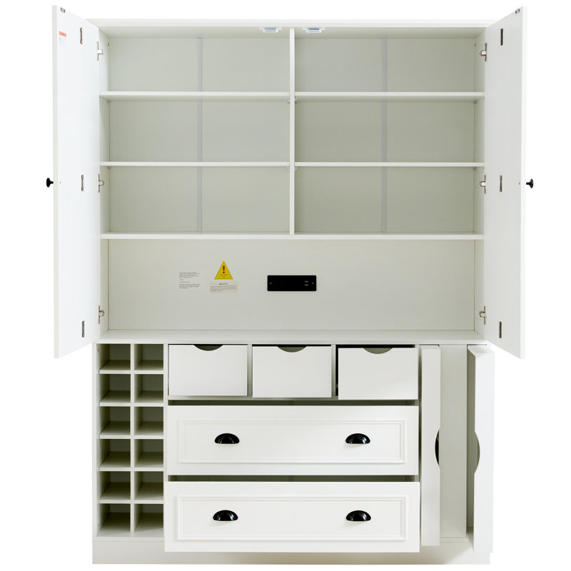Buffet de ferme avec huche, l 53,2 po x P 17,7 po x H 71 po, 4 portes pliables, prise de courant et 12 supports à vin, Blanc