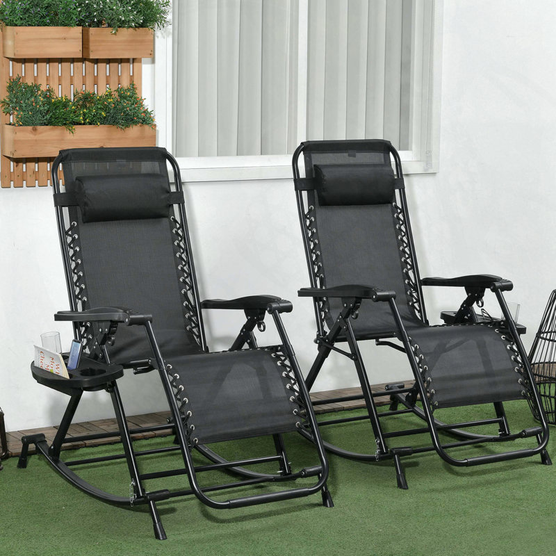 Ensemble de 2 chaises berçantes pliantes avec plateaux Outsunny, Noir