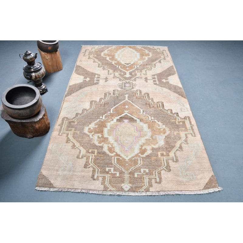 Handcrafted Vintage Turkish Area Rug in Neutral Beige Brown with Geometric Pattern for Boho Decor Brown/Beige