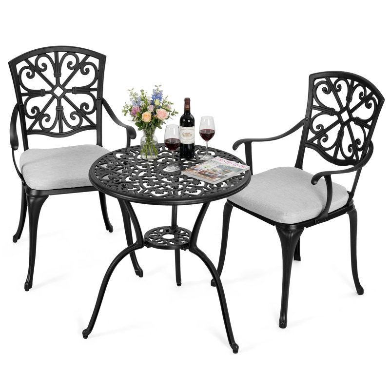 Outdoor 3-Piece Cast Aluminum Patio Set with Cushions and Umbrella Hole