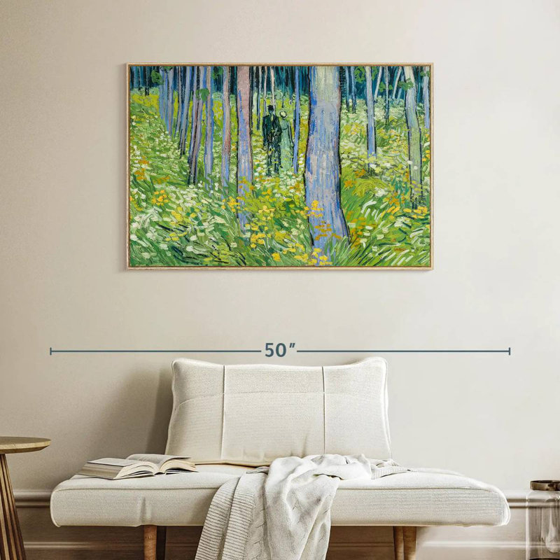 Sous-bois avec deux personnages, Cadre flottant en bois naturel, 40 po x 27 po