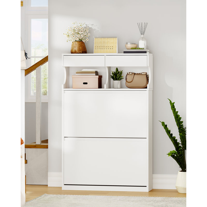 Wooden Shoe Cabinet with 2 Flip Drawers, Pull Down Shoe Cupboard with Open Compartment, Shoes Rack Cabinet for Hallway, Living Room, White, 2 Drawers 