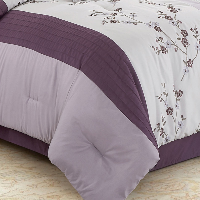 Modern & Contemporary Standard Floral Comforter, Queen Comforter+2 Shams+3 Throw Pillows, Purple/Lavender/Gray