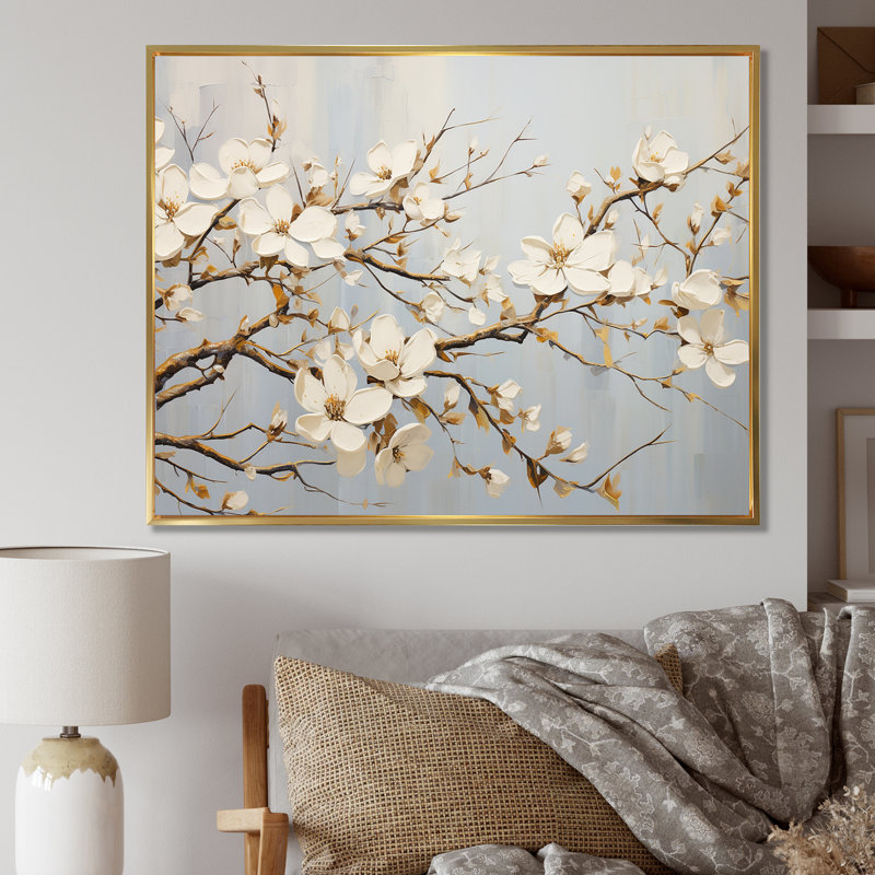 «White Dogwood Blossom Escape I» sur toile, Cadre flottant doré, H 24 po x l 32 po x P 1 po