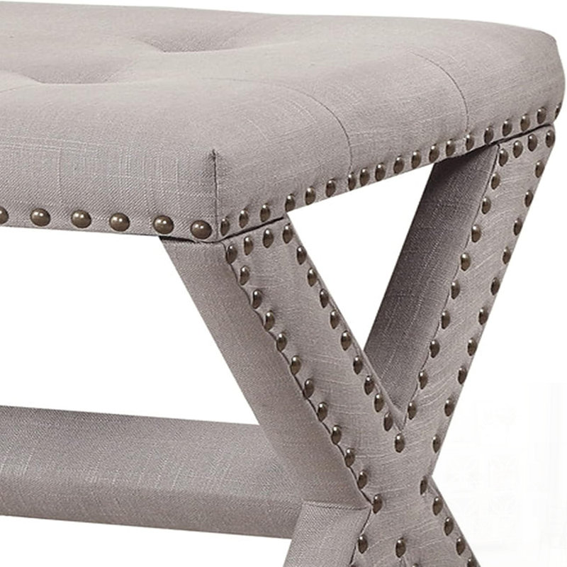 Linen Blend Accent Bench with Nailhead Trim, Tufted Seat for Entryway and Living Room, Grey Linen