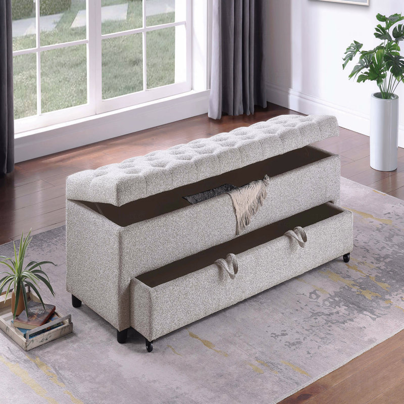 Repose-pieds capitonné beige avec fonction de rangement et tiroir sous le siège, capitonné, Beige