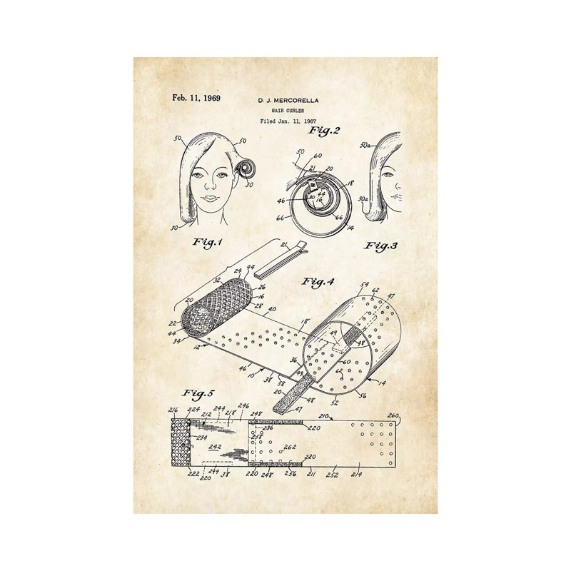 «Salon Hair Curler» par brevet77 - reproduction de dessin sur toile tendue, H 12 po x l 8 po x P 0,75 po