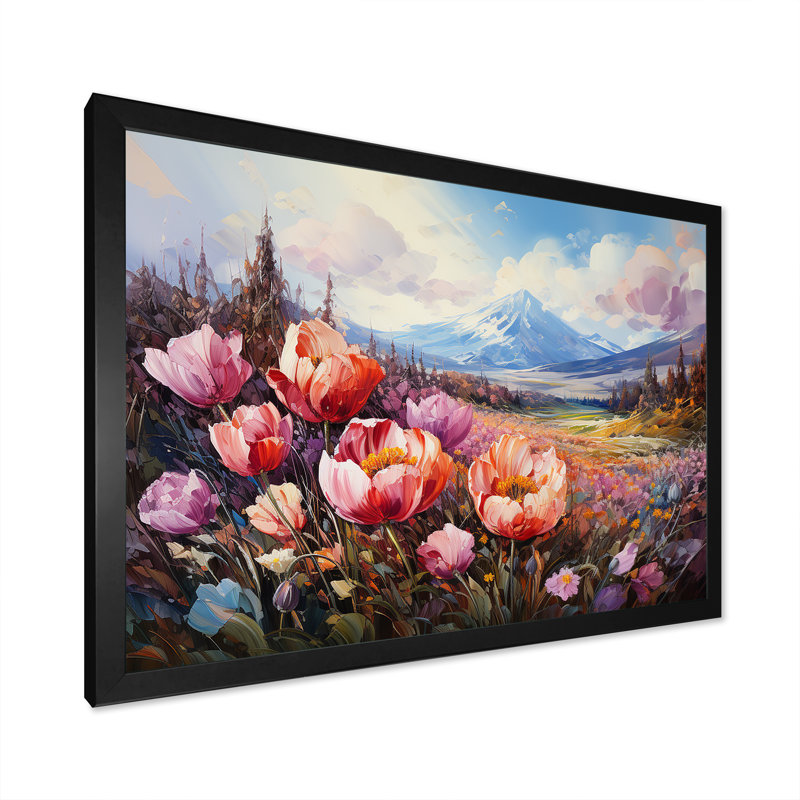 «Tulipes mauves sur une montagne», impression sur toile, Cadre simple noir, H 24 po x l 32 po x P 1 po