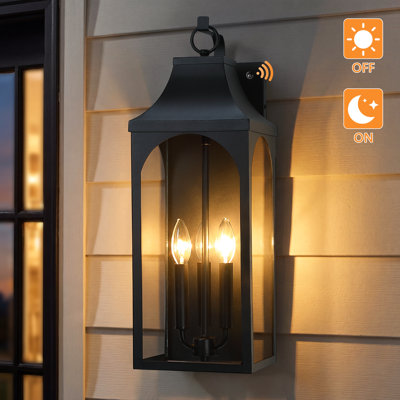 22.4 in. Dusk-to-Dawn Black 3-Light Outdoor Wall Lantern Sconce with Clear Glass for Porch, Entryway and Garage