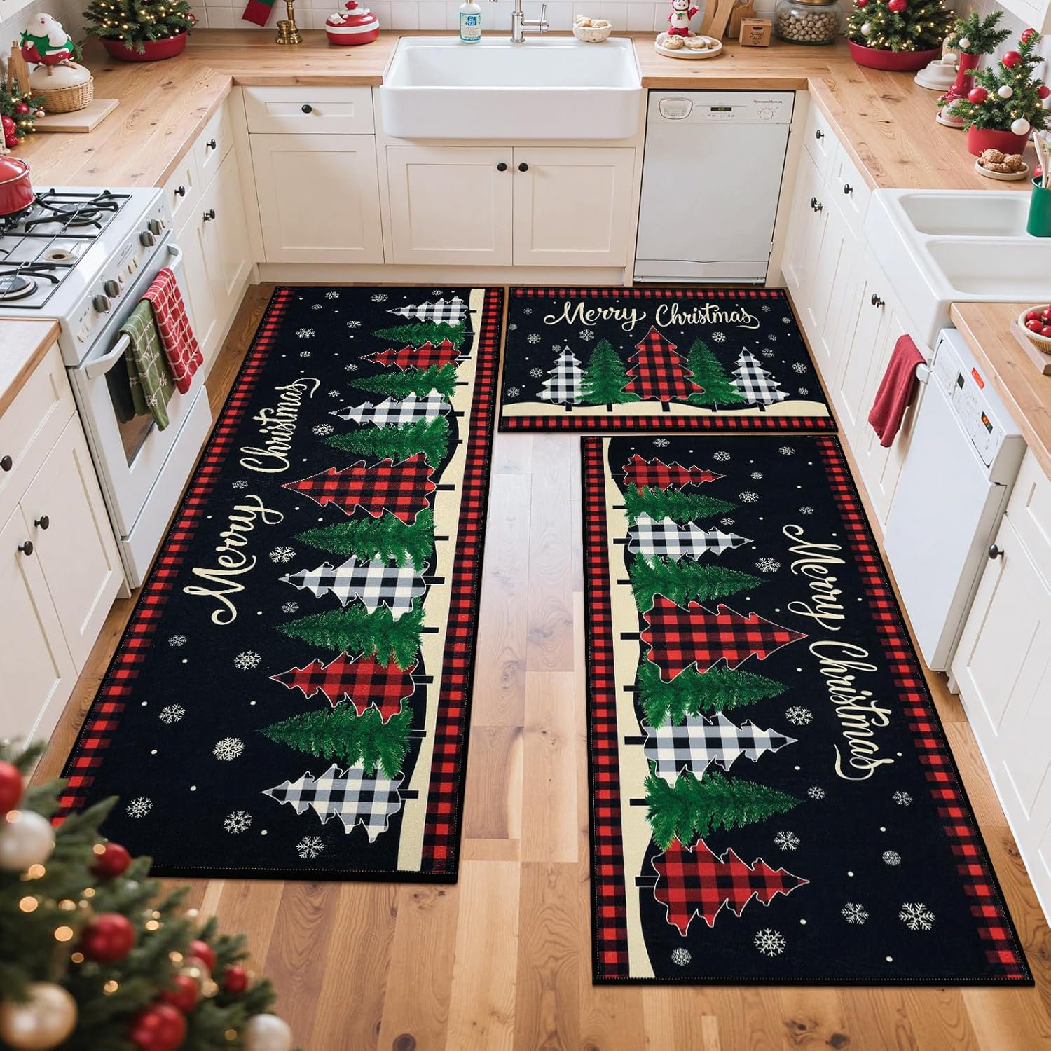 Alcott Hill® Christmas Kitchen Rugs Sets of 3, Non Slip Red Buffalo ...