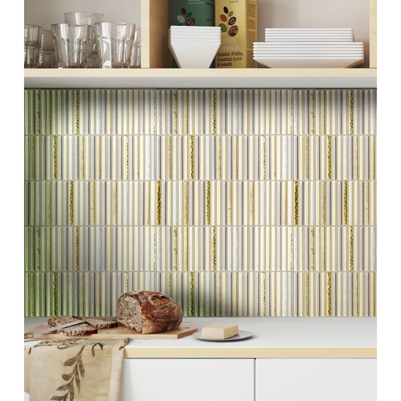 11.8" X 11.8" Glass Mosaic Tile, Beige/Gold