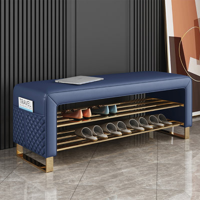 Banc de rangement bleu en cuir pour hall d'entrée