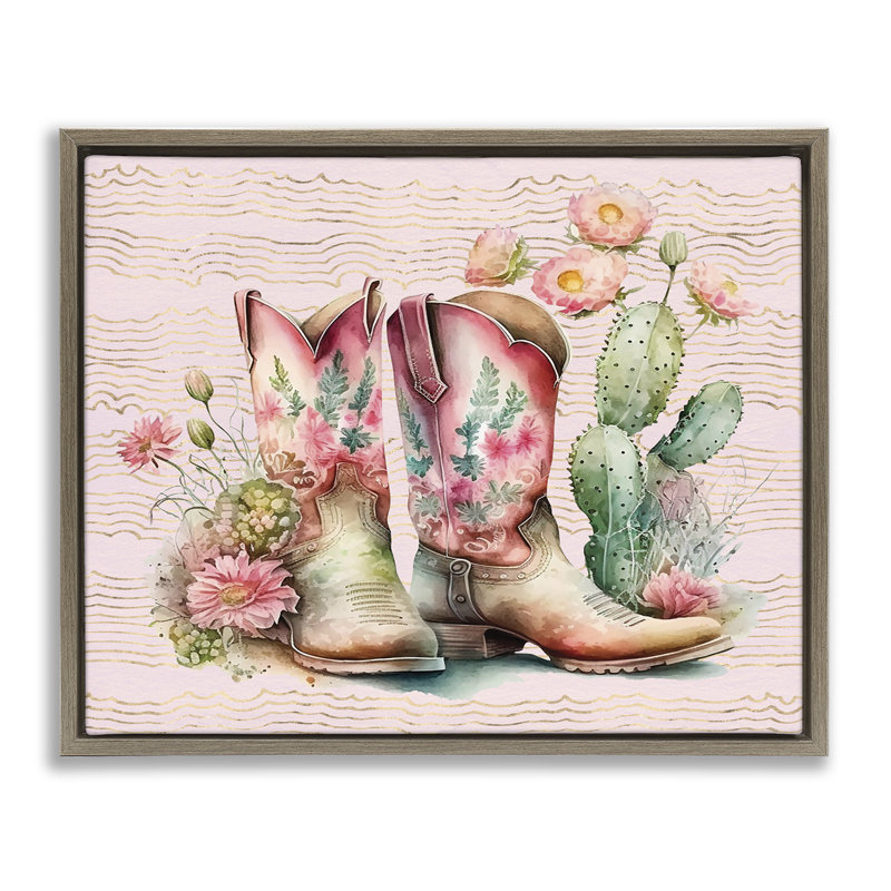  Art mural sur toile Country bottes with cacti par lettré et doublé, H 17 po x l 21 po, Cadre flottant orme Montalcino