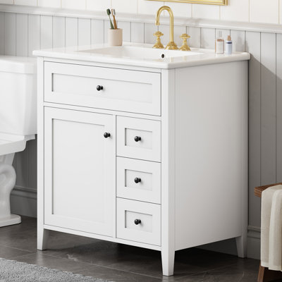 30 Inch White Solid Wood Bathroom Vanity with Sink Top, Storage Cabinet with 2 Doors, 2 Drawers & Open Shelf, MDF Frame, Single Package Complete Vanity Set