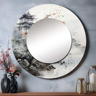 Seela, art asiatique, oiseau de Serenity de Seela, grand miroir, décor de miroir mural rond gris