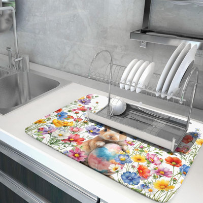 Tapis de séchage pour œufs de lapin de Pâques pour comptoir de cuisine, tapis de séchage à fleurs colorées 24 po x 35 po avec égouttoir en microfibre à flanelle pour café