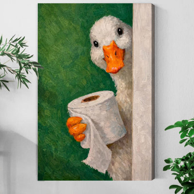 1pc Framed Canvas Wall Art Prints Poster, Funny Duck with Toilet Paper Whimsical Animal Art Posters Canvas Print Painting for Living Room Bedroom Office Bathroom Dorm Home Decor, Ready To Hang