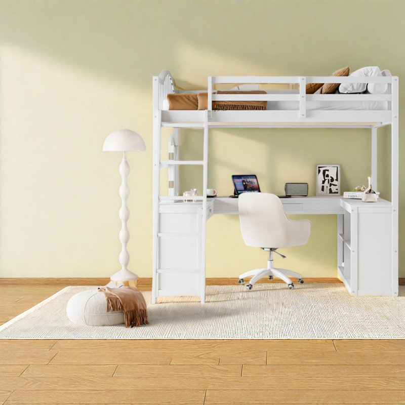 Lit mezzanine double avec bureau de rangement, chambre à coucher moderne en bois aggloméré blanc