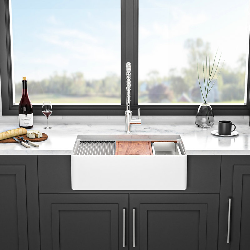 White Sink 33 Inch Double Bowl Ceramic - , Easy To Clean, Workstation 33" Kitchen Chips,